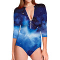 Dark Blue Galaxy Space Print Long Sleeve Swimsuit