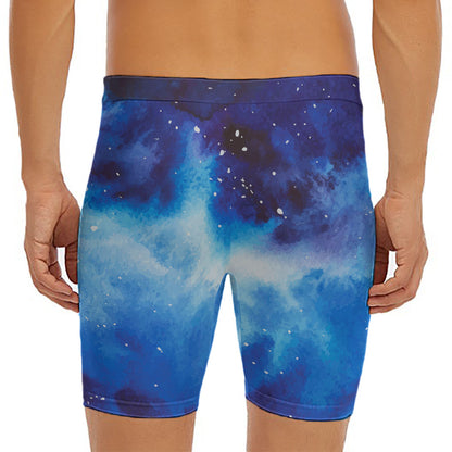 Dark Blue Galaxy Space Print Men's Long Boxer Briefs