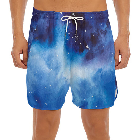 Dark Blue Galaxy Space Print Men's Split Running Shorts