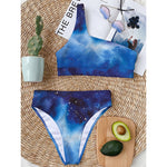 Dark Blue Galaxy Space Print One Shoulder Bikini Top