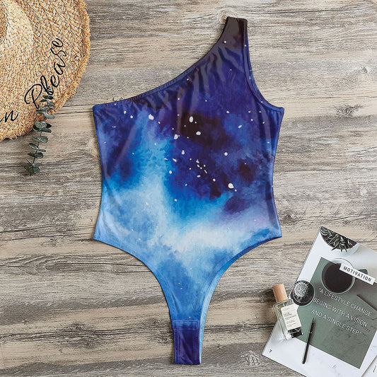 Dark Blue Galaxy Space Print One Shoulder Bodysuit
