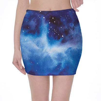 Dark Blue Galaxy Space Print Pencil Mini Skirt