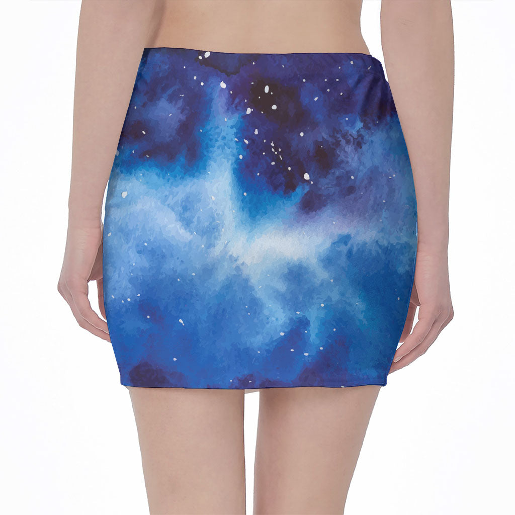 Dark Blue Galaxy Space Print Pencil Mini Skirt