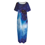 Dark Blue Galaxy Space Print Short Sleeve Long Nightdress