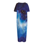Dark Blue Galaxy Space Print Short Sleeve Long Nightdress