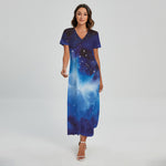 Dark Blue Galaxy Space Print Short Sleeve Maxi Dress