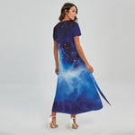 Dark Blue Galaxy Space Print Short Sleeve Maxi Dress