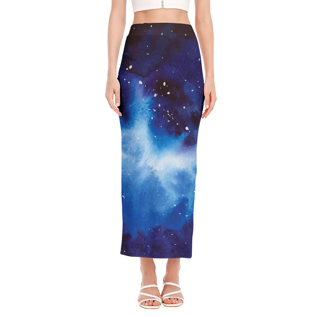 Dark Blue Galaxy Space Print Side Slit Maxi Skirt