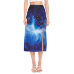 Dark Blue Galaxy Space Print Side Slit Midi Skirt