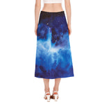 Dark Blue Galaxy Space Print Side Slit Midi Skirt