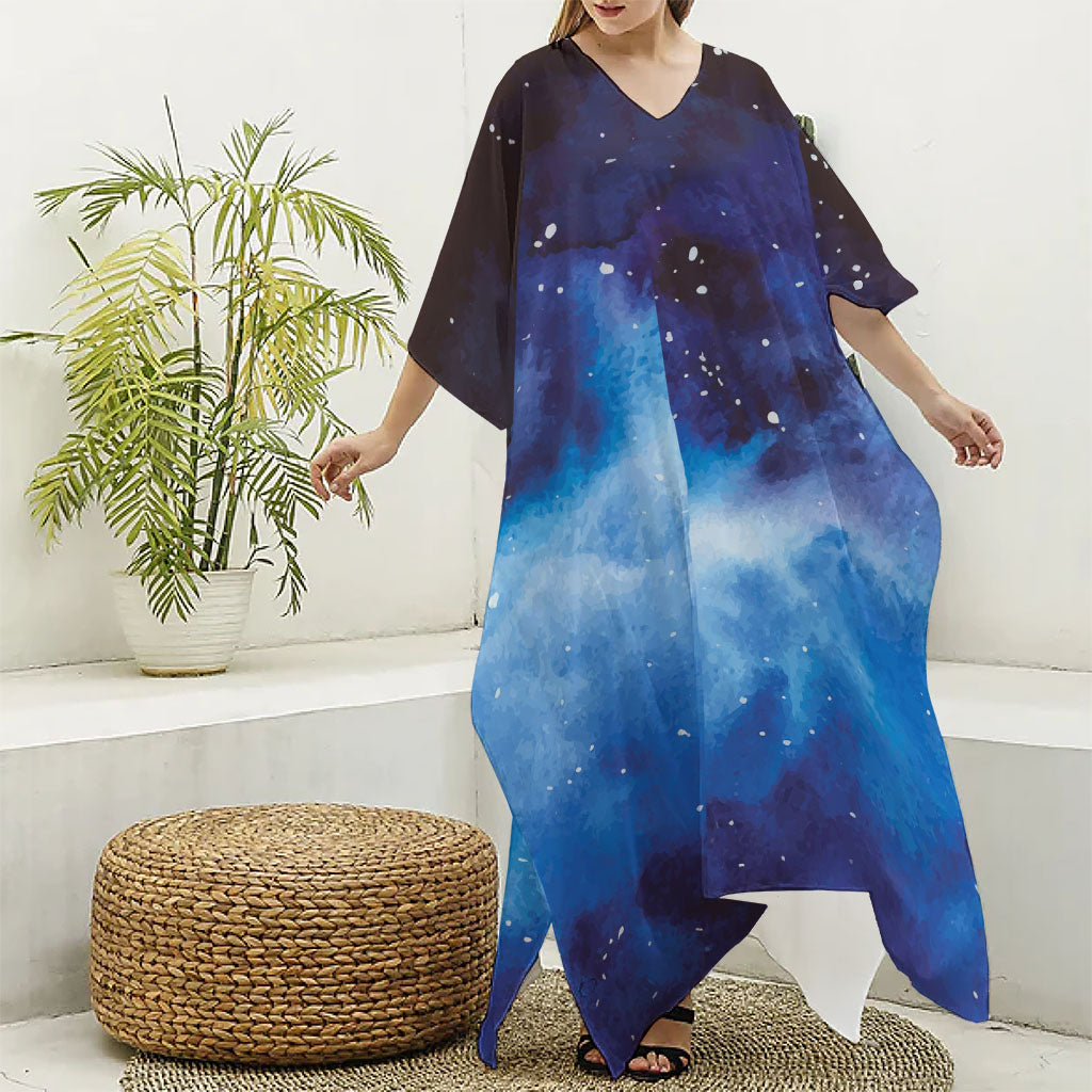 Dark Blue Galaxy Space Print Silk V-Neck Kaftan Dress