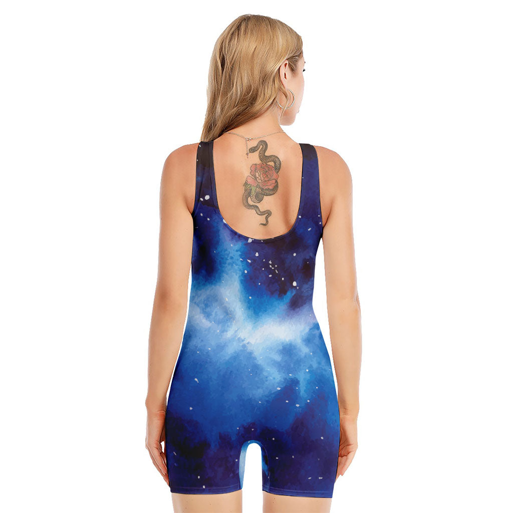 Dark Blue Galaxy Space Print Sleeveless One Piece Swimsuit