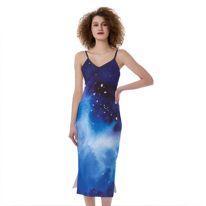 Dark Blue Galaxy Space Print Slim Fit Midi Cami Dress
