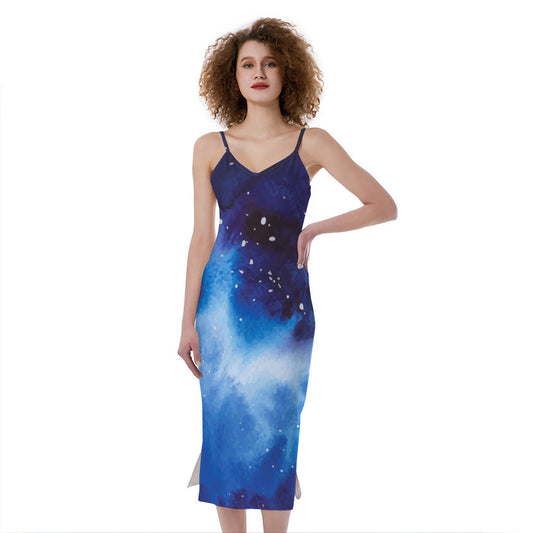 Dark Blue Galaxy Space Print Slim Fit Midi Cami Dress