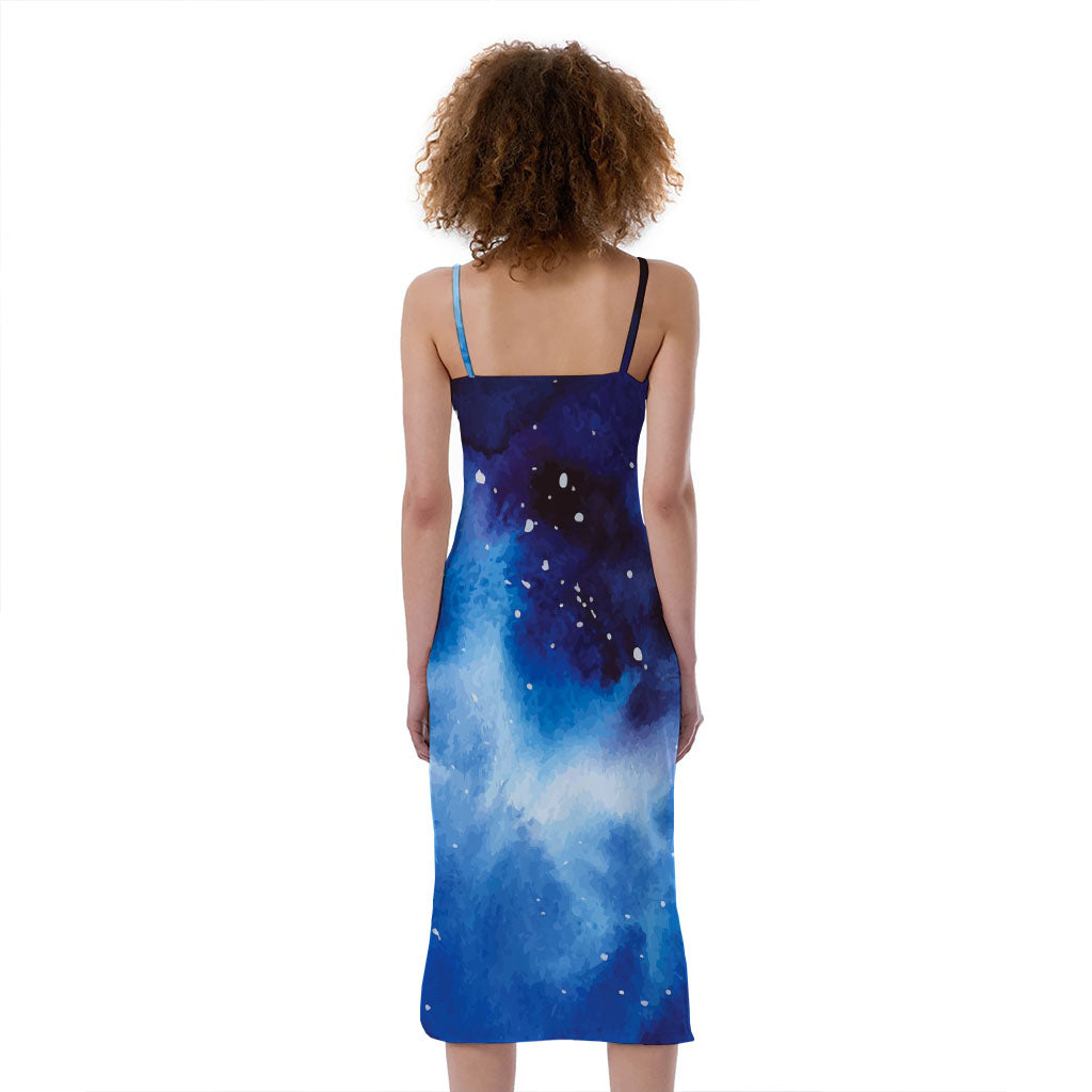 Dark Blue Galaxy Space Print Slim Fit Midi Cami Dress