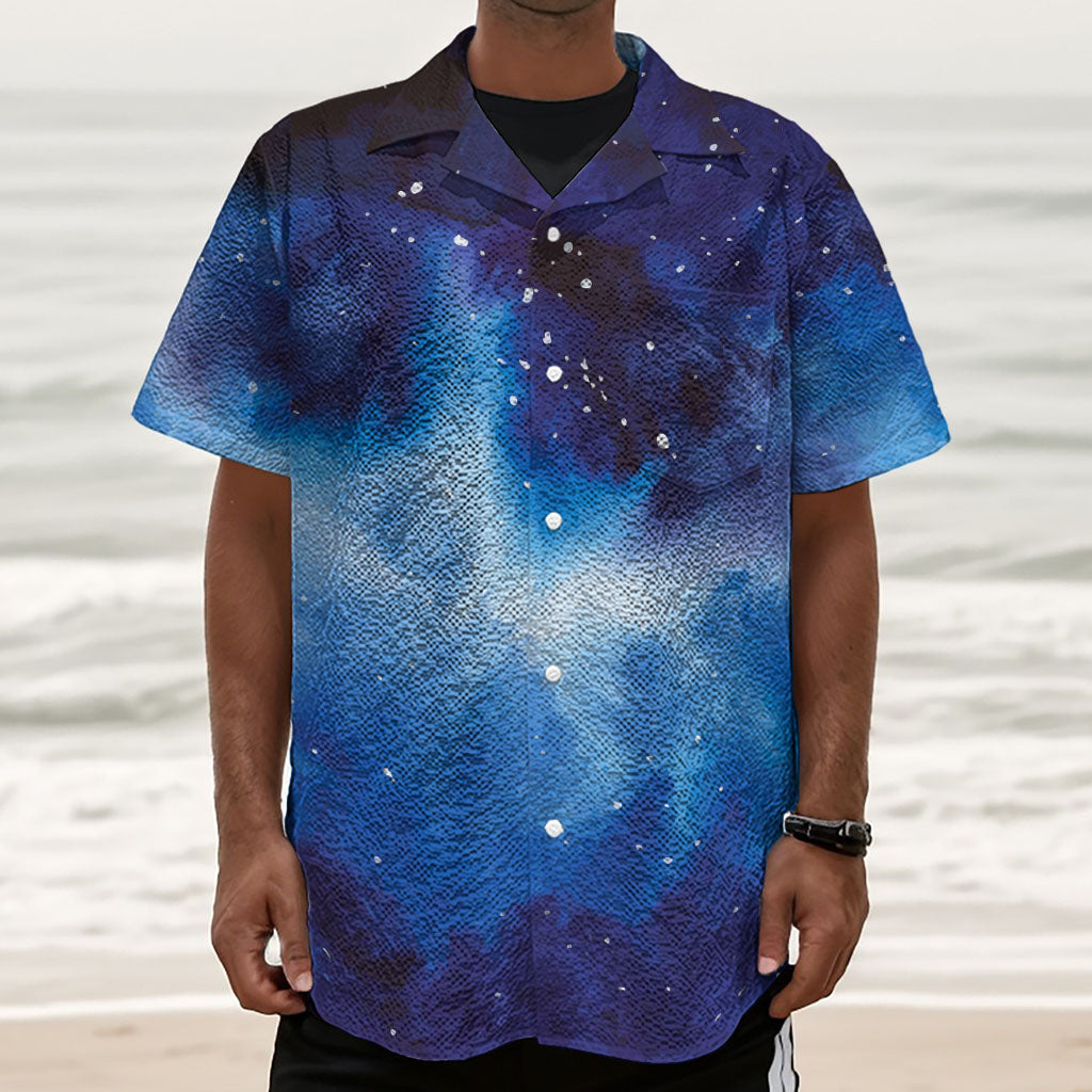 Dark Blue Galaxy Space Print Textured Short Sleeve Shirt