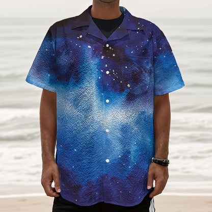 Dark Blue Galaxy Space Print Textured Short Sleeve Shirt