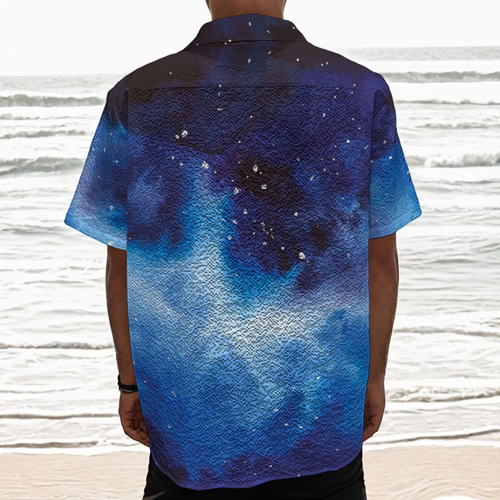 Dark Blue Galaxy Space Print Textured Short Sleeve Shirt