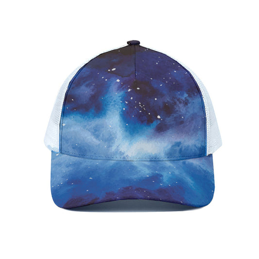 Dark Blue Galaxy Space Print White Mesh Trucker Cap