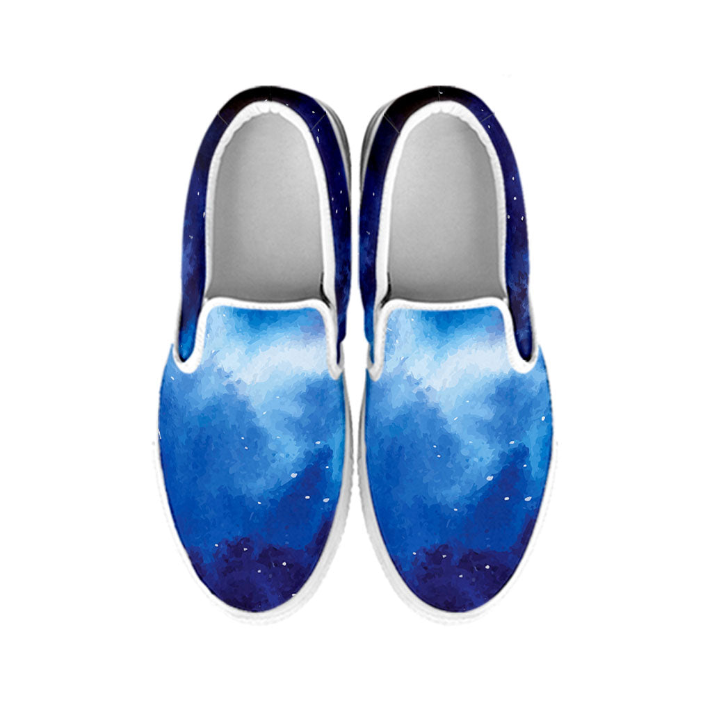 Dark Blue Galaxy Space Print White Slip On Sneakers