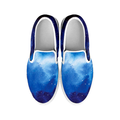 Dark Blue Galaxy Space Print White Slip On Sneakers