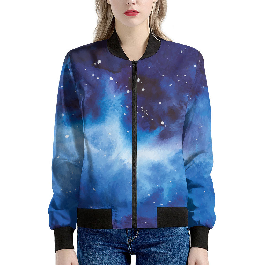 Dark Blue Galaxy Space Print Women's Bomber Jacket