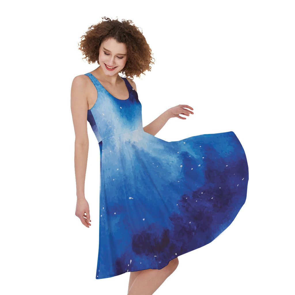 Dark Blue Galaxy Space Print Women's Sleeveless Dress