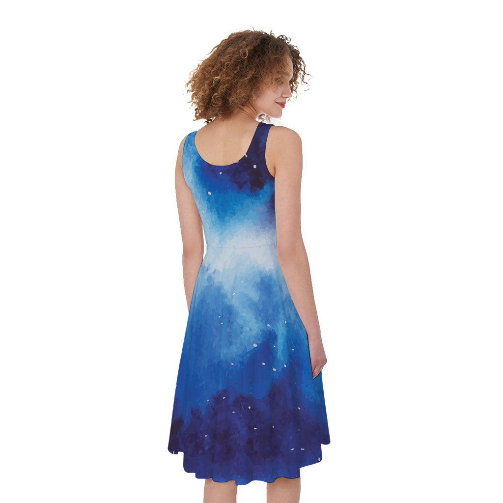 Dark Blue Galaxy Space Print Women's Sleeveless Dress