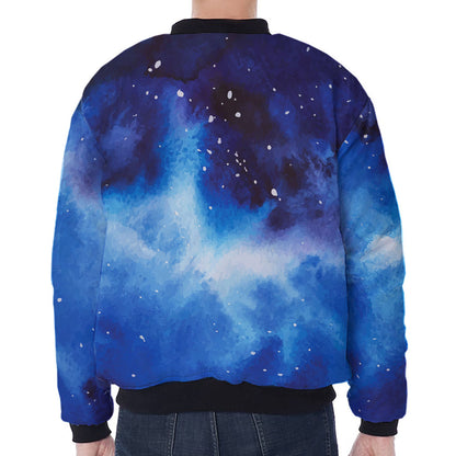 Dark Blue Galaxy Space Print Zip Sleeve Bomber Jacket