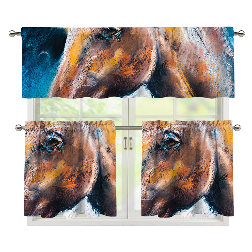 Dark Blue Horse Painting Print 3 Piece Kitchen Curtains