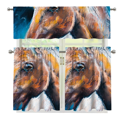 Dark Blue Horse Painting Print 3 Piece Kitchen Curtains