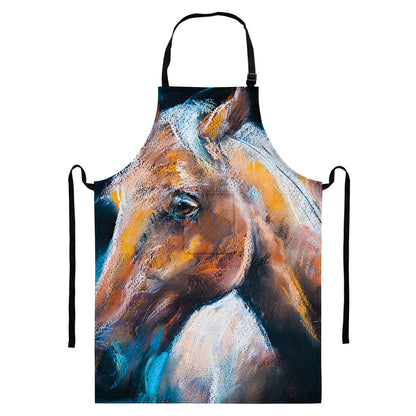 Dark Blue Horse Painting Print Bib Apron With Pocket