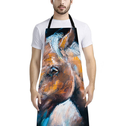 Dark Blue Horse Painting Print Bib Apron With Pocket
