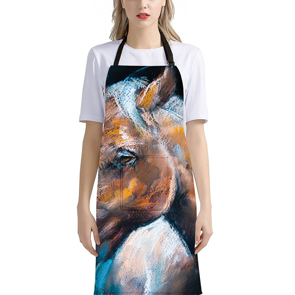 Dark Blue Horse Painting Print Bib Apron With Pocket