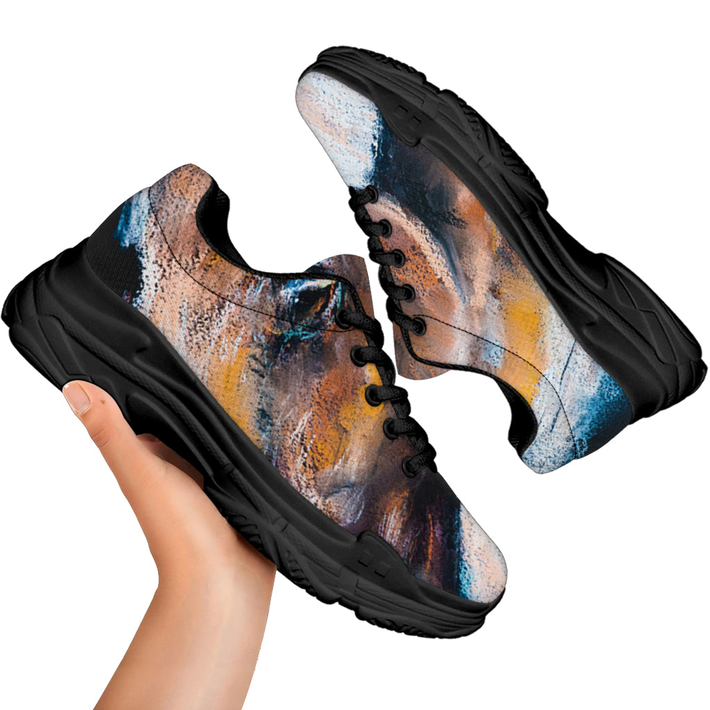 Dark Blue Horse Painting Print Black Chunky Shoes