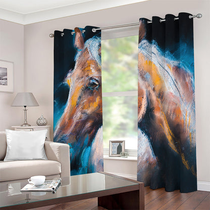 Dark Blue Horse Painting Print Blackout Grommet Curtains