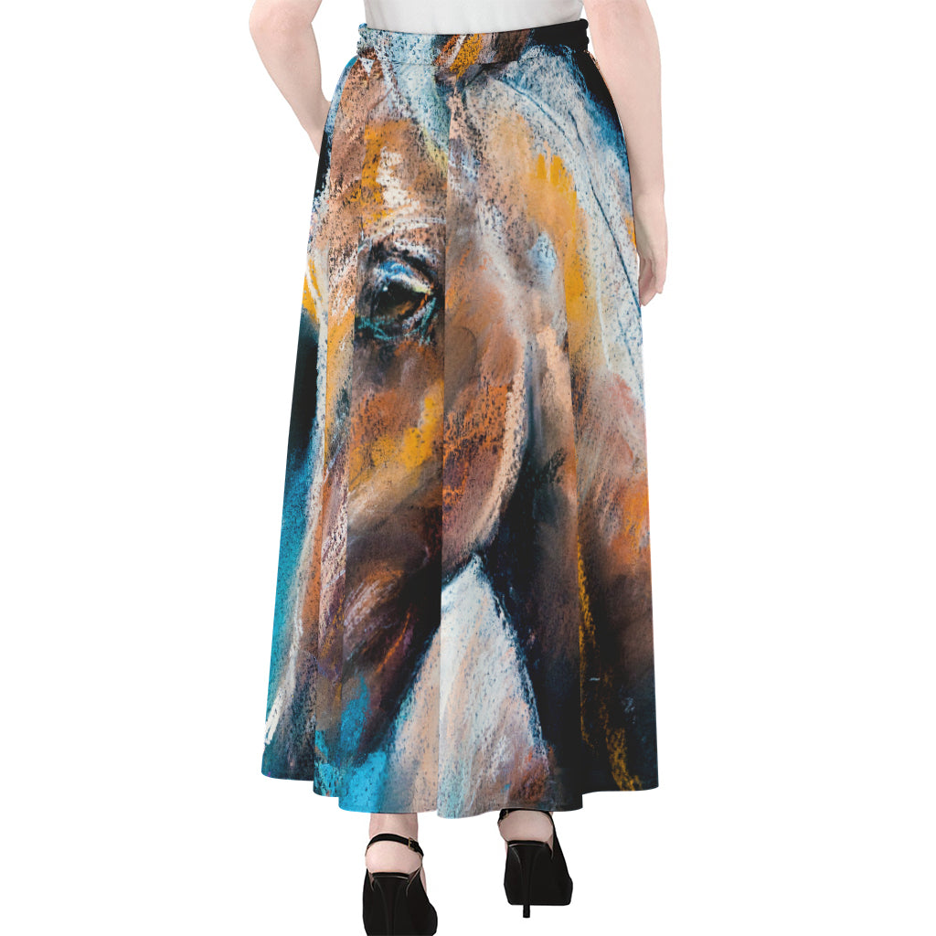 Dark Blue Horse Painting Print Chiffon Maxi Skirt
