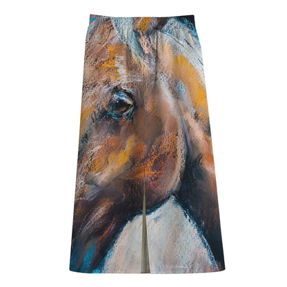 Dark Blue Horse Painting Print Cotton Front Slit Maxi Skirt