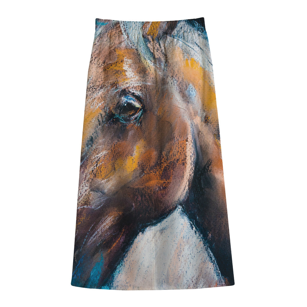 Dark Blue Horse Painting Print Cotton Front Slit Maxi Skirt
