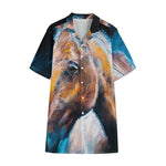 Dark Blue Horse Painting Print Cotton Hawaiian Shirt