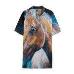 Dark Blue Horse Painting Print Cotton Hawaiian Shirt