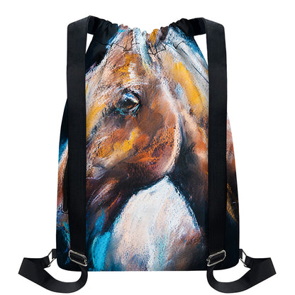 Dark Blue Horse Painting Print Drawstring Backpack