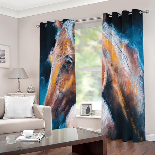 Dark Blue Horse Painting Print Extra Wide Grommet Curtains