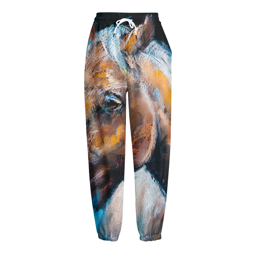 Dark Blue Horse Painting Print Fleece Lined Knit Pants