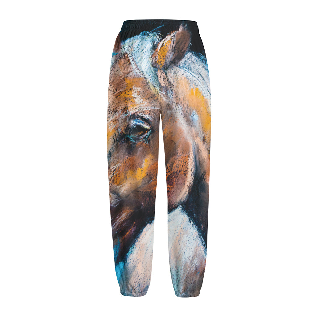 Dark Blue Horse Painting Print Fleece Lined Knit Pants