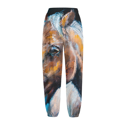 Dark Blue Horse Painting Print Fleece Lined Knit Pants