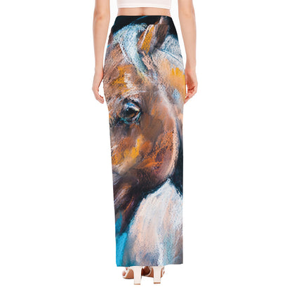 Dark Blue Horse Painting Print High Slit Maxi Skirt