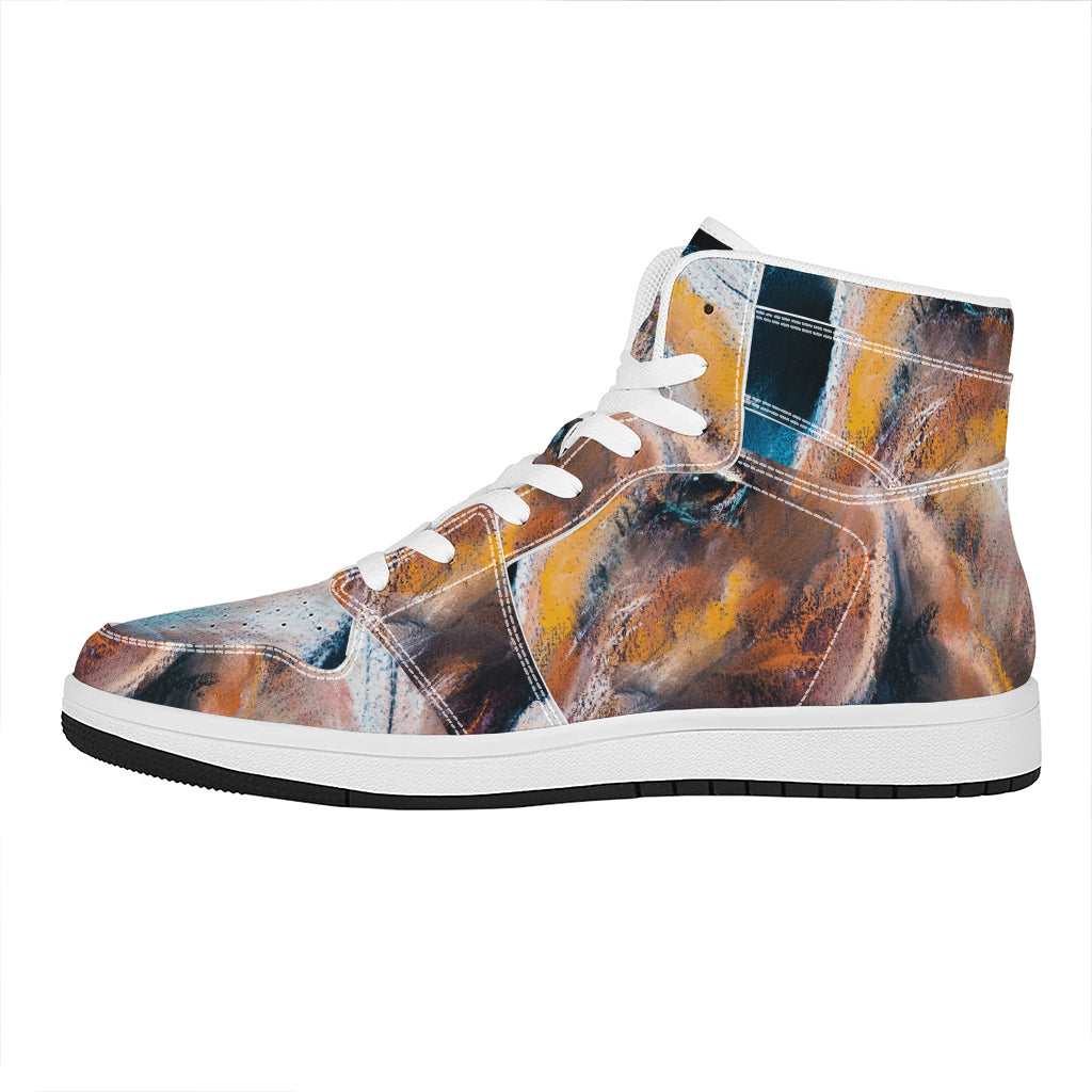 Dark Blue Horse Painting Print High Top Leather Sneakers