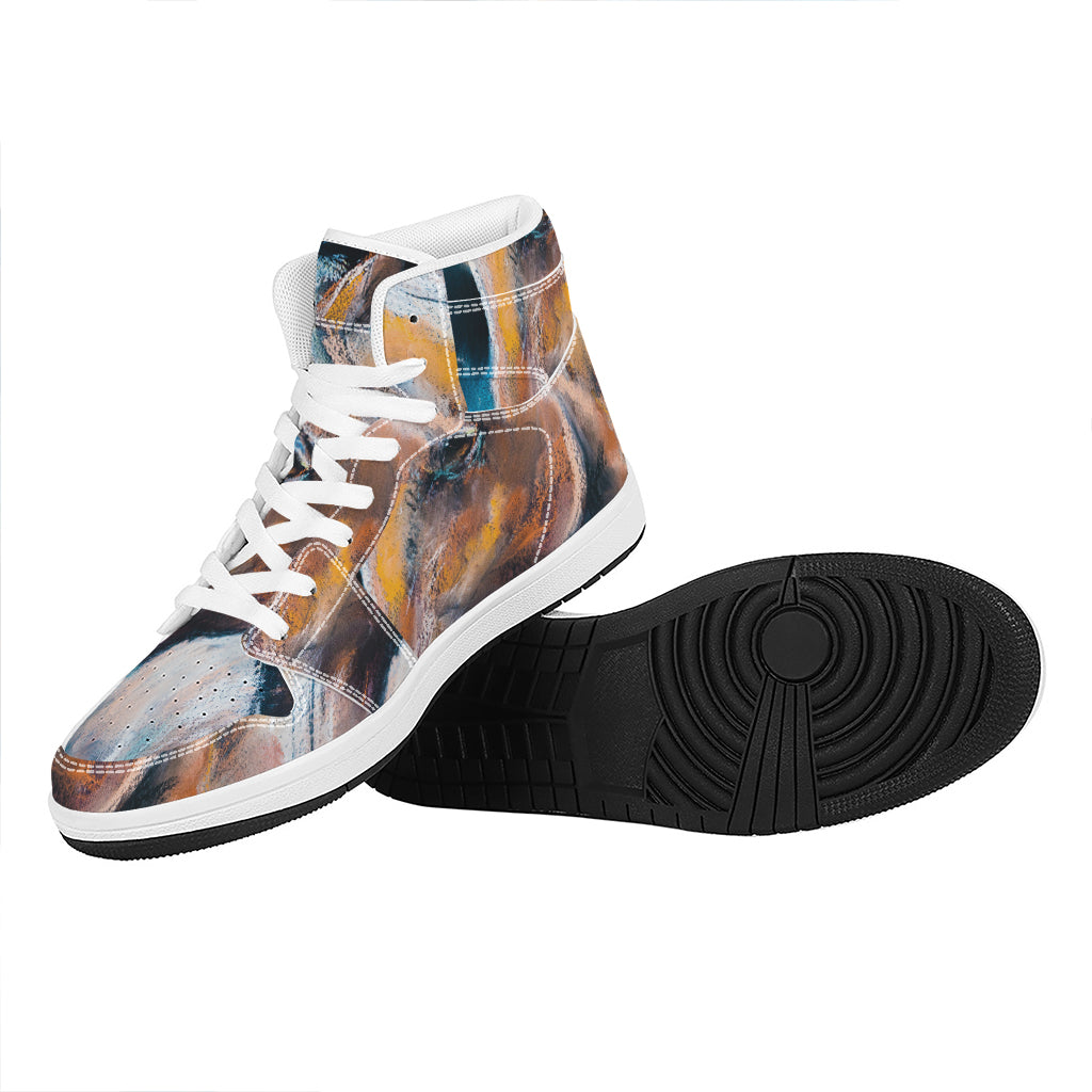 Dark Blue Horse Painting Print High Top Leather Sneakers