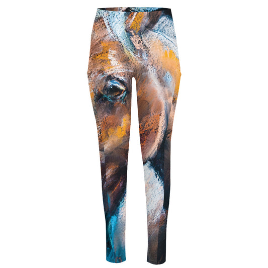 Dark Blue Horse Painting Print High-Waisted Pocket Leggings